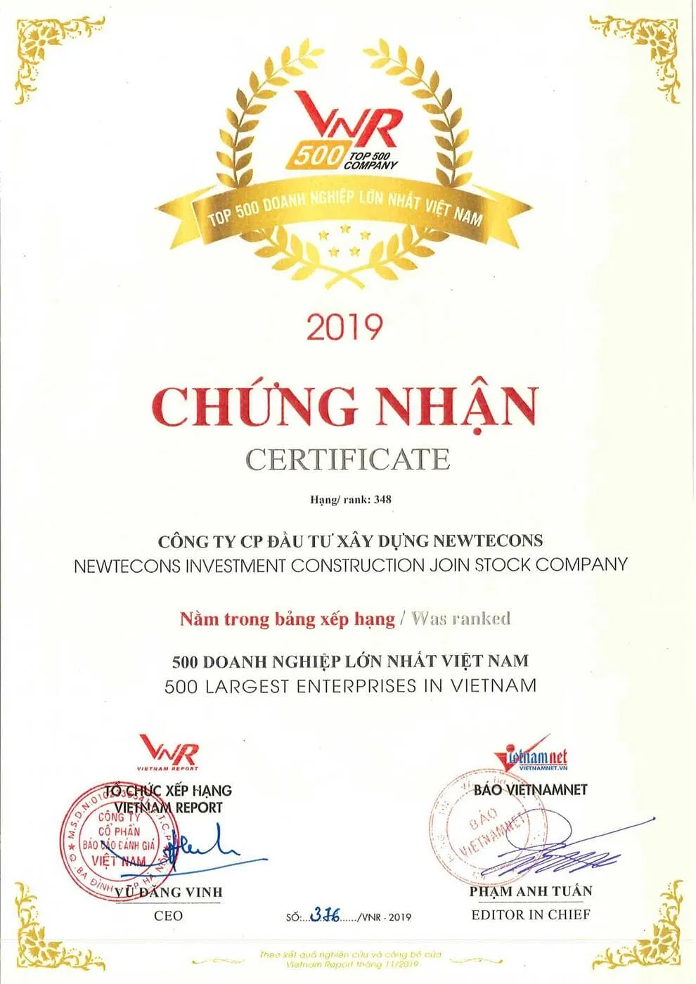 giay chung nhan cty newtecons nam trong top doanh nghiep lon nhat viet nam - Công ty Cổ Phần Đầu tư Xây dựng Newtecons giay chung nhan cty Newtecons nam trong top 500 doanh nghiep lon nhat viet nam - CÔNG TY CỔ PHẦN ĐẦU TƯ XÂY DỰNG NEWTECONS