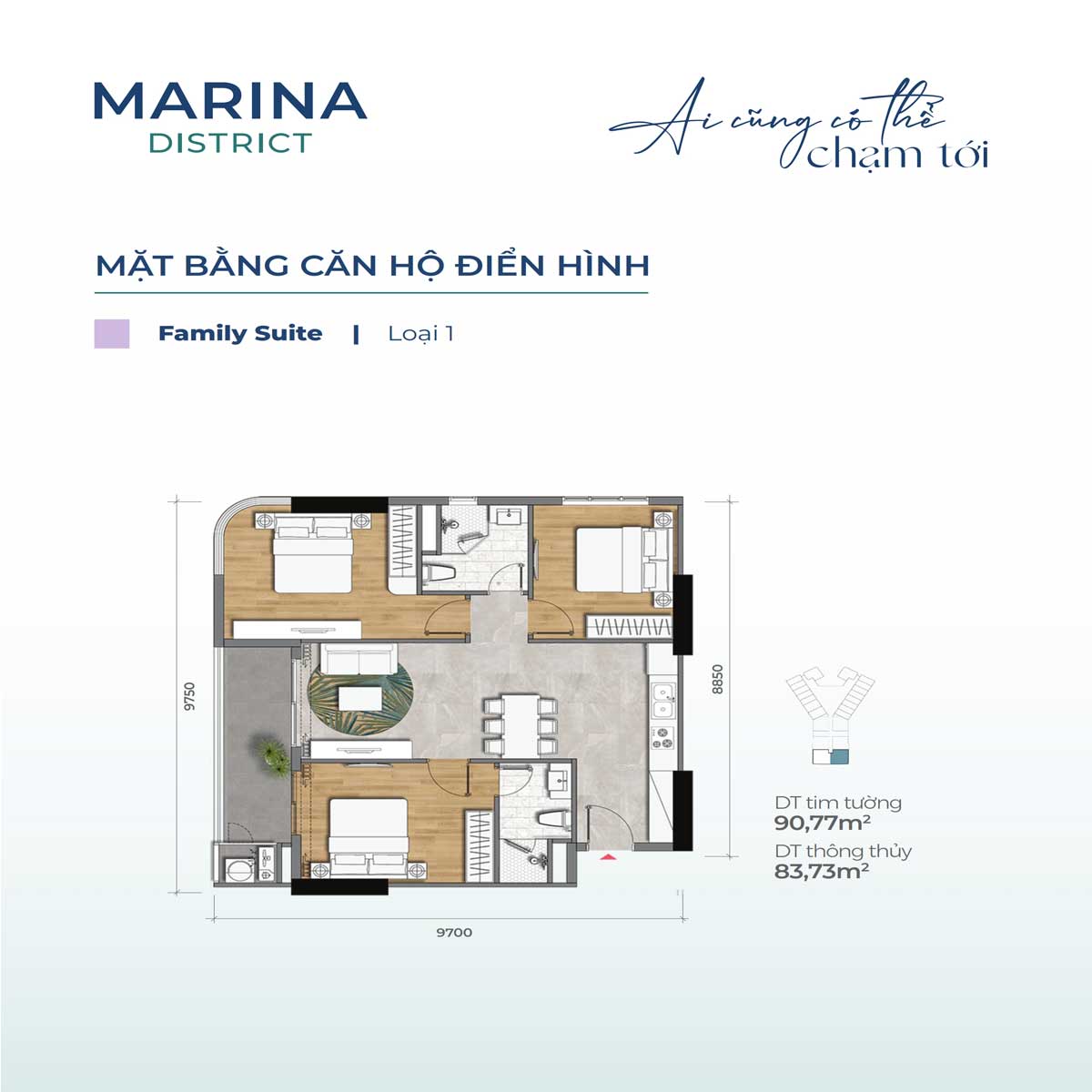 Mat bang Can ho 90.77m2 Marina District - Marina District Quy Nhơn