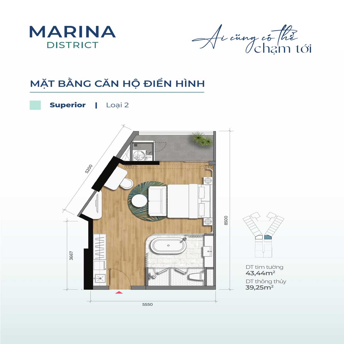 Mat bang Can ho 43.44m2 Marina District - Marina District Quy Nhơn