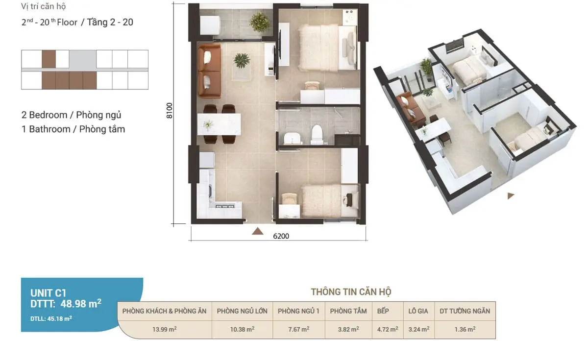 IMPERIAL PLACE BÌNH TÂN 10 Thiết kế Căn hộ 48m2 Imperial Place Bình Tân