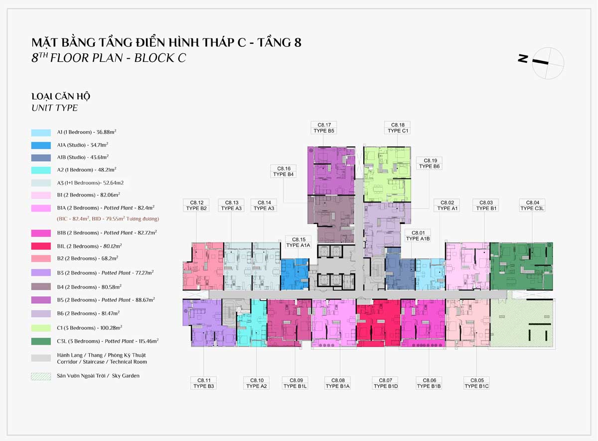 Mặt bằng Tầng 8 Block C Dự án Căn hộ Elysian Lò Lu Quận 9 Thủ Đức