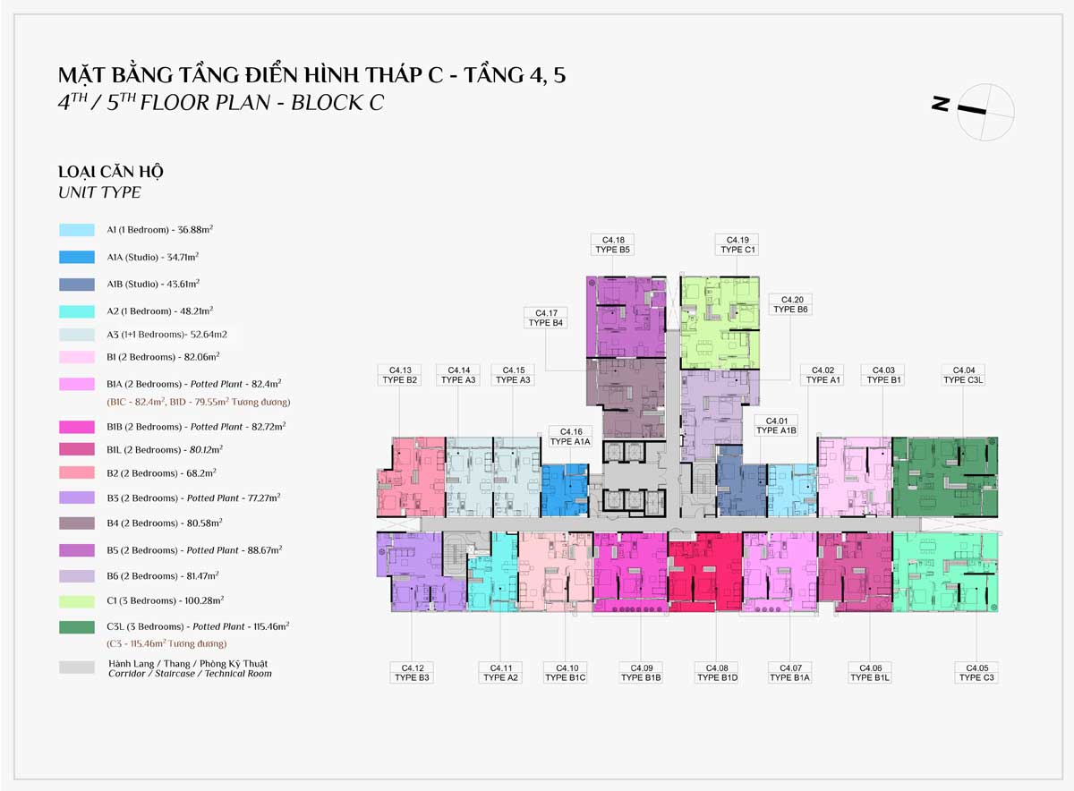 Mặt bằng Tầng 4-5 Block C Dự án Căn hộ Elysian Lò Lu Quận 9 Thủ Đức