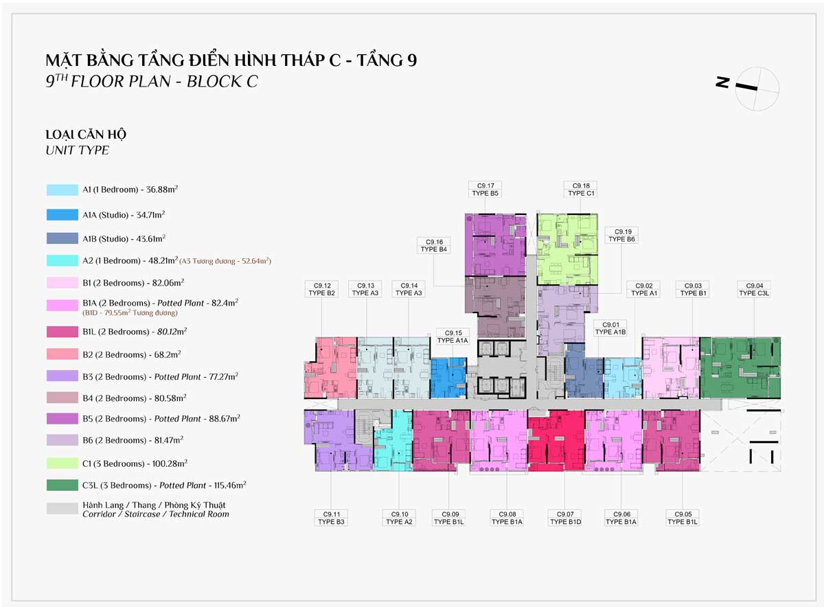 Mặt bằng Tầng 9 Block C Dự án Căn hộ Elysian Lò Lu Quận 9 Thủ Đức