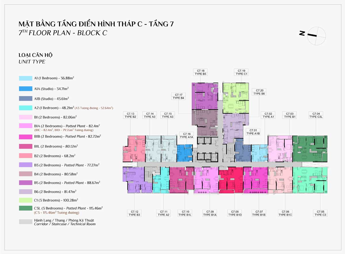 Mặt bằng Tầng 7 Block C Dự án Căn hộ Elysian Lò Lu Quận 9 Thủ Đức