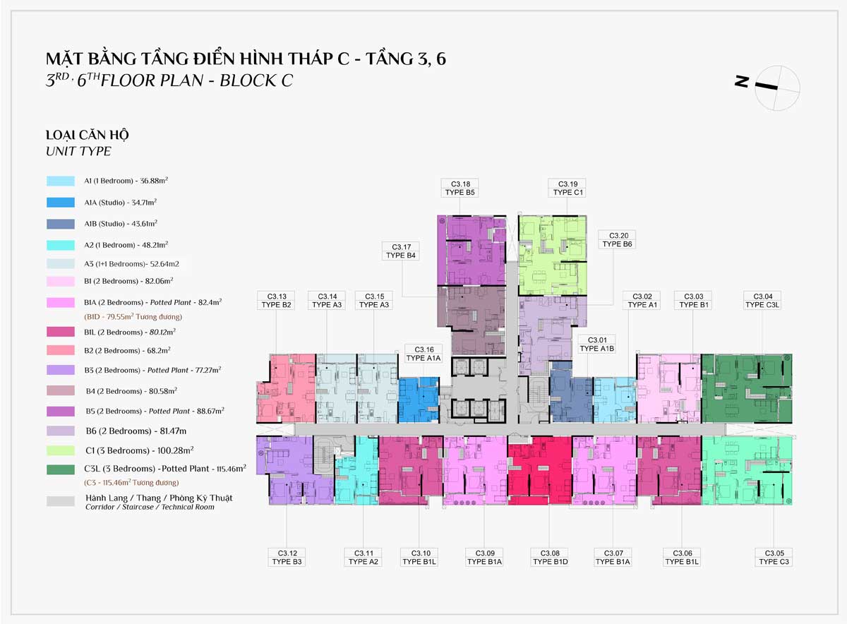 Mặt bằng Tầng 3-6 Block C Dự án Căn hộ Elysian Lò Lu Quận 9 Thủ Đức