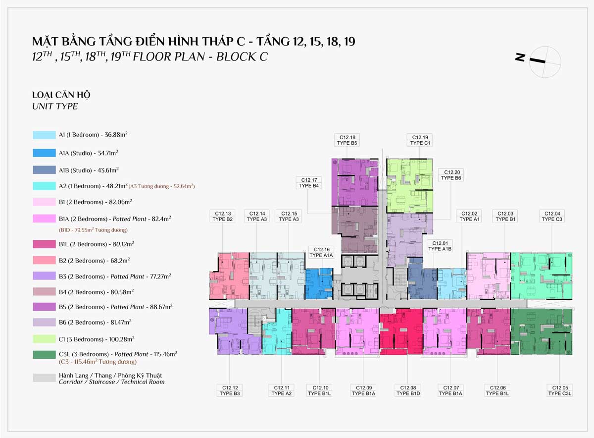 Mặt bằng Tầng 12-15-18-19 Block C Dự án Căn hộ Elysian Lò Lu Quận 9 Thủ Đức