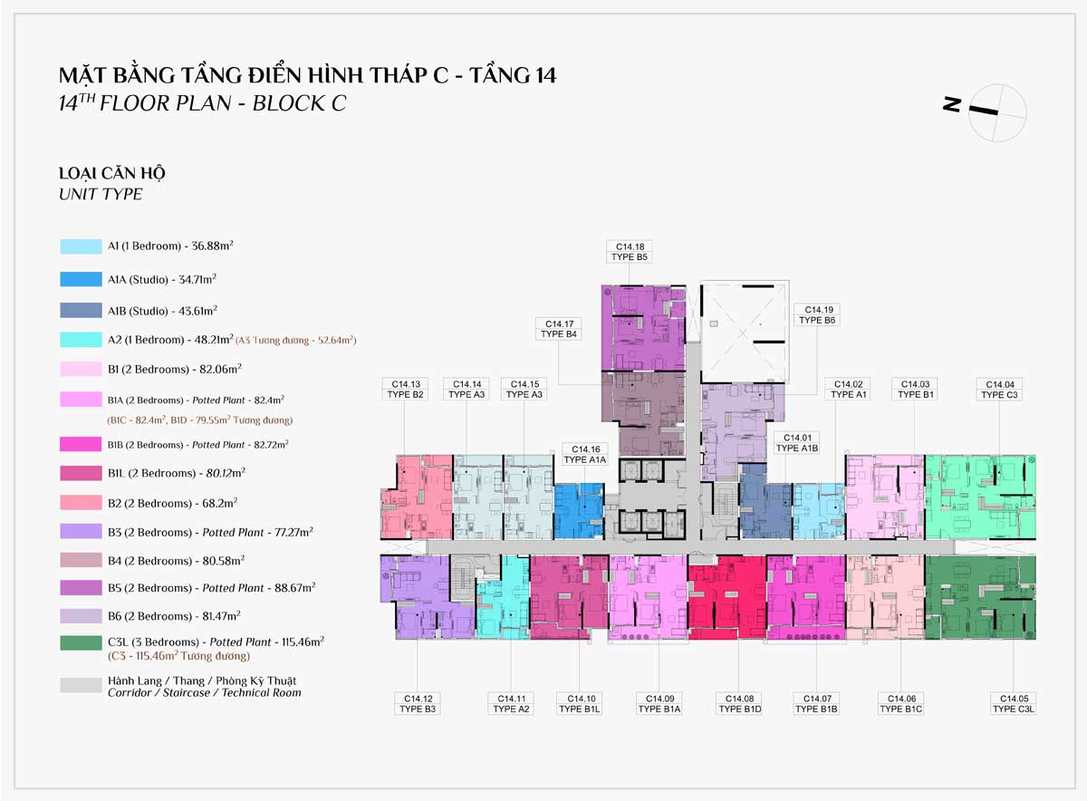 Mặt bằng Tầng 14 Block C Dự án Căn hộ Elysian Lò Lu Quận 9 Thủ Đức