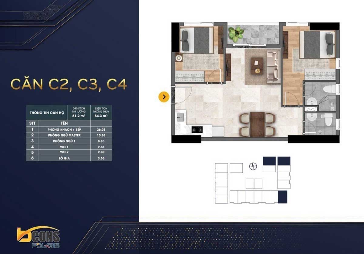 Thiết kế Căn hộ C1-C2-C3 Bcons Polaris Lê Trọng Tấn Dĩ An Bình Dương