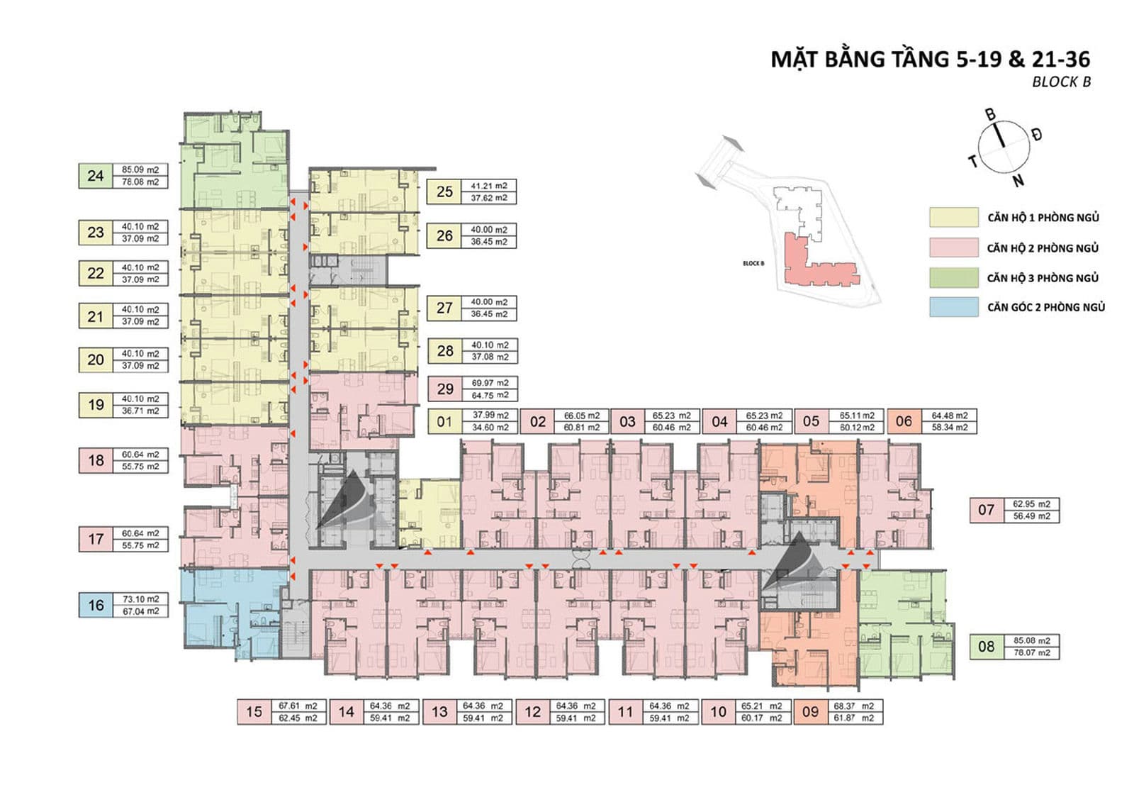 Mặt bằng tầng 5-19, 21-36 Block B Dự án Căn hộ Opal Skyline