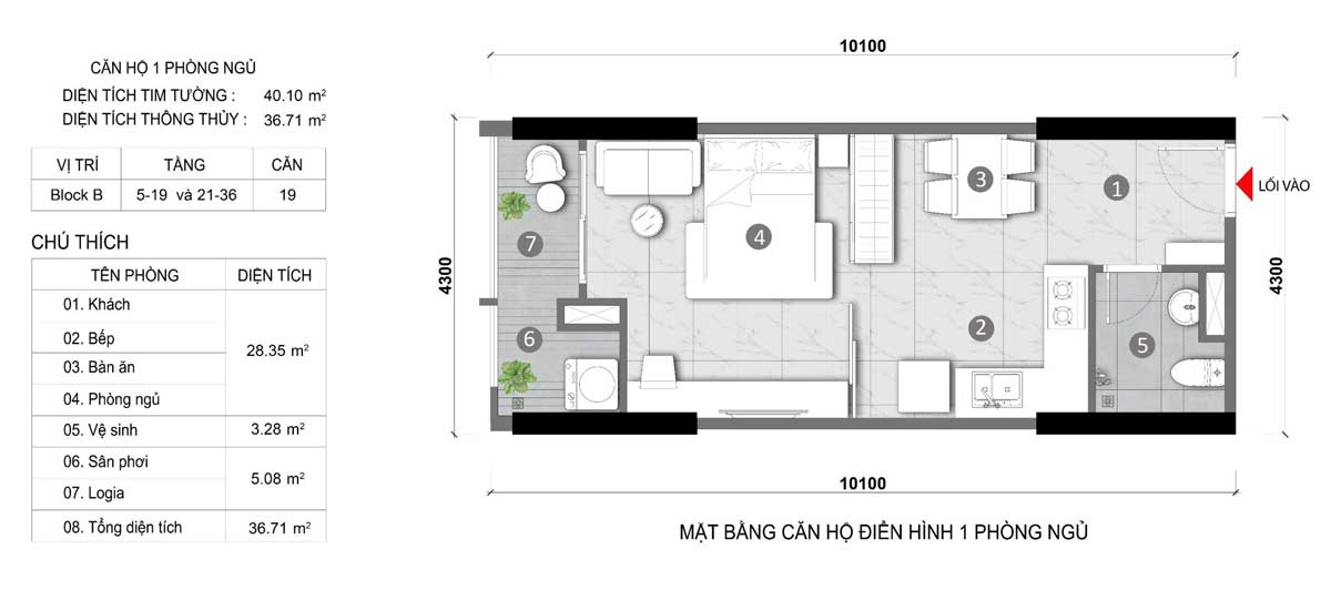 Thiết kế Căn 1 Phòng ngủ 40m2 Opal Skyline