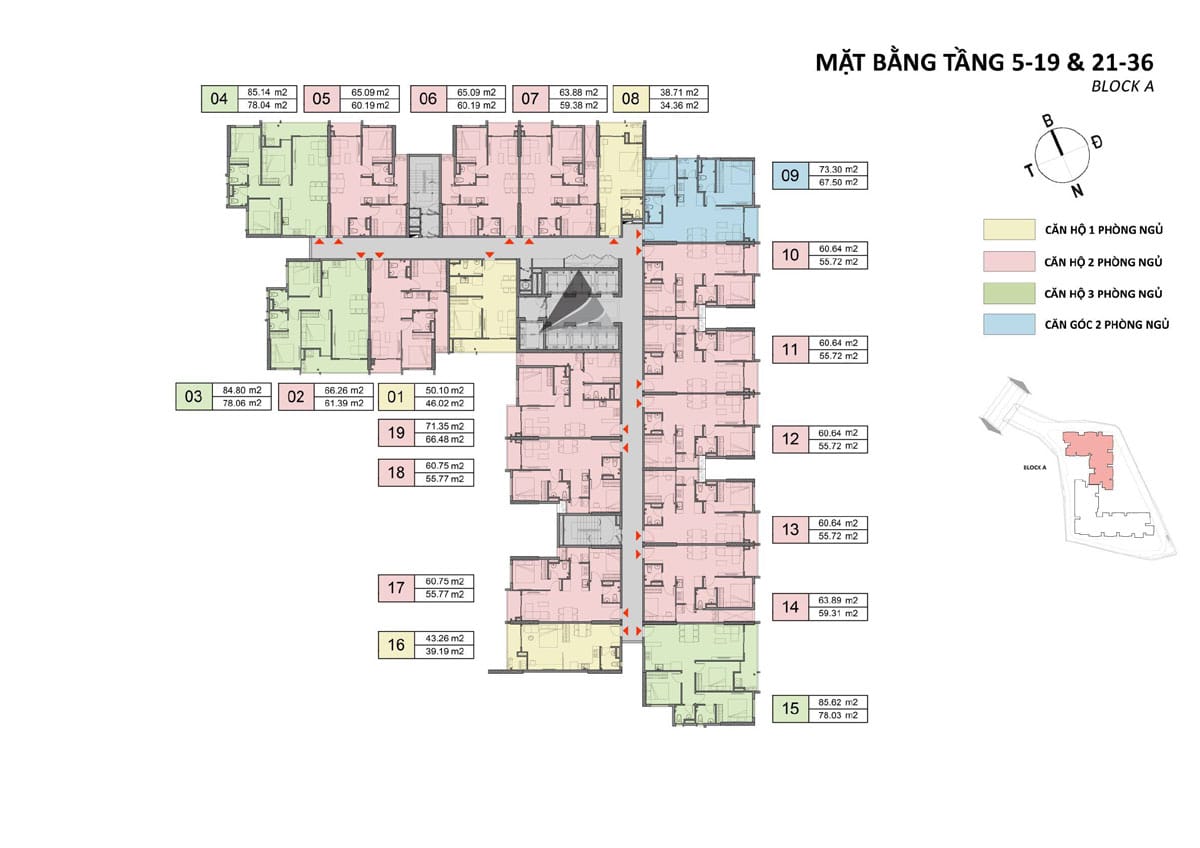 Mặt bằng tầng 5-19, 21-36 Block A Dự án Căn hộ Opal Skyline