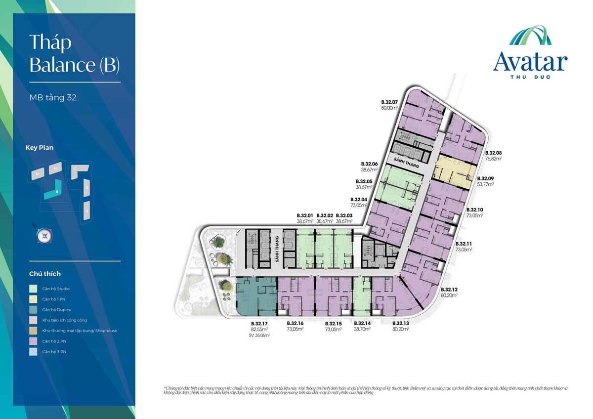 Mặt bằng Tầng 32 Tháp B-Balance Dự án Avatar Thủ Đức