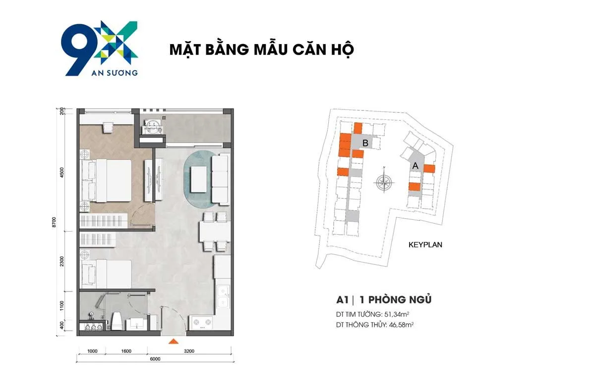9X An Sương 20 Thiết kế Căn hộ A1 1PN 51.34m2 9X An Sương Hóc Môn