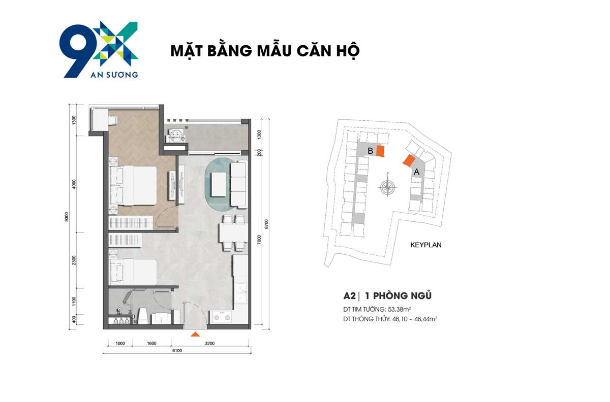 Thiết kế Căn hộ A2 1PN 53.38m2 9X An Sương Hóc Môn