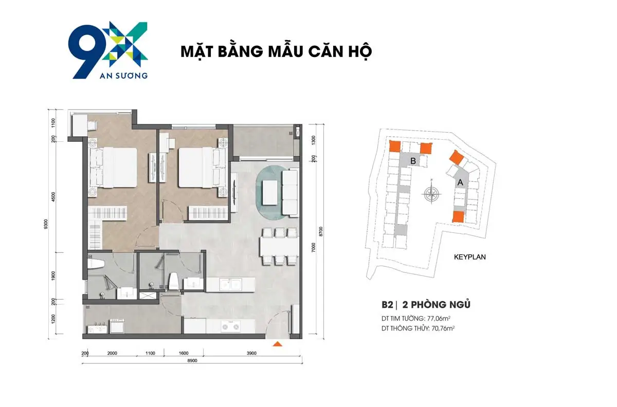 9X An Sương 23 Thiết kế Căn hộ B2 2PN 72.06m2 9X An Sương Hóc Môn