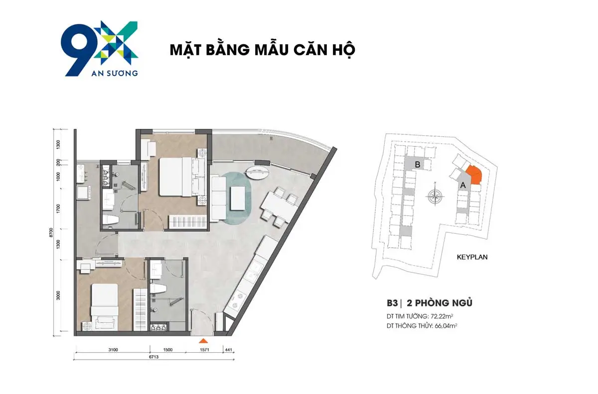 9X An Sương 24 Thiết kế Căn hộ B3 2PN 72.22m2 9X An Sương Hóc Môn