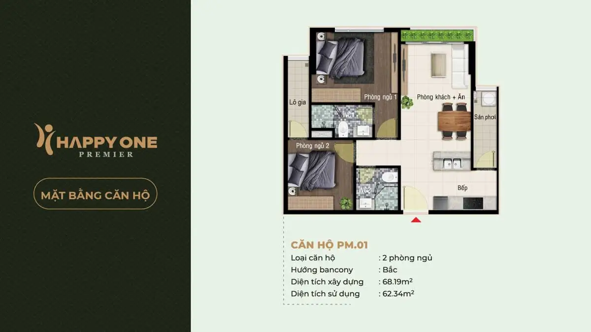 Căn hộ PM 01Diện tích tim tường: 68.19 m2Diện tích thông thủy: 62.52 m2Số lượng phòng ngủ: 2 PNSố lượng WC: 2 WC Căn hộ PM 01Diện tích tim tường: 68.19 m2Diện tích thông thủy: 62.52 m2Số lượng phòng ngủ: 2 PNSố lượng WC: 2 WC