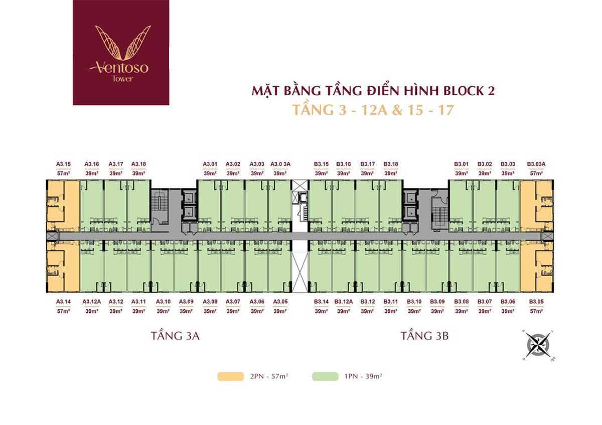 Mặt bằng Tầng 3-12A & 15-17 Dự án Căn hộ Ventoso Tower Dĩ An Bình Dương