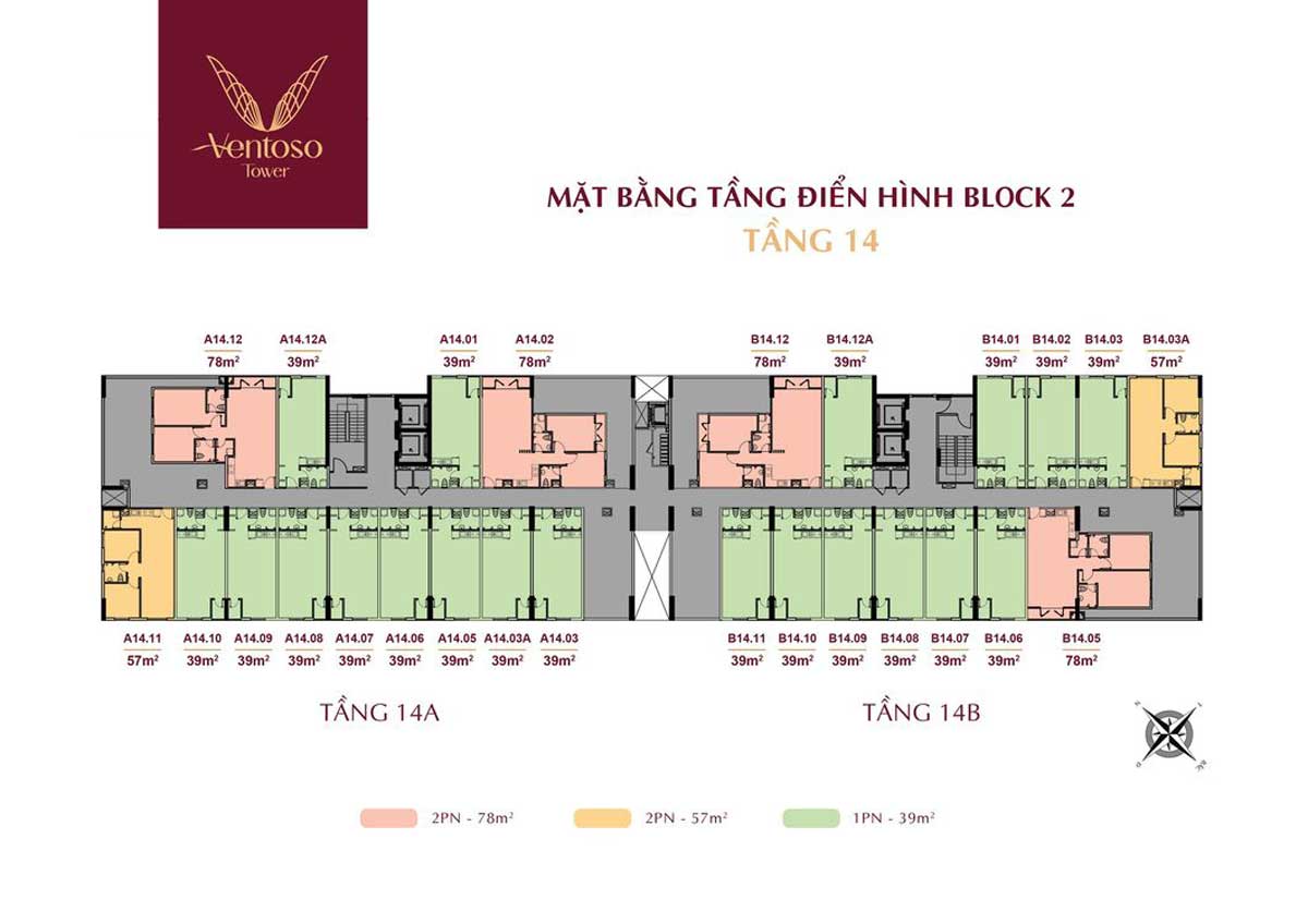 Mặt bằng Tầng 14 Dự án Căn hộ Ventoso Tower Dĩ An Bình Dương