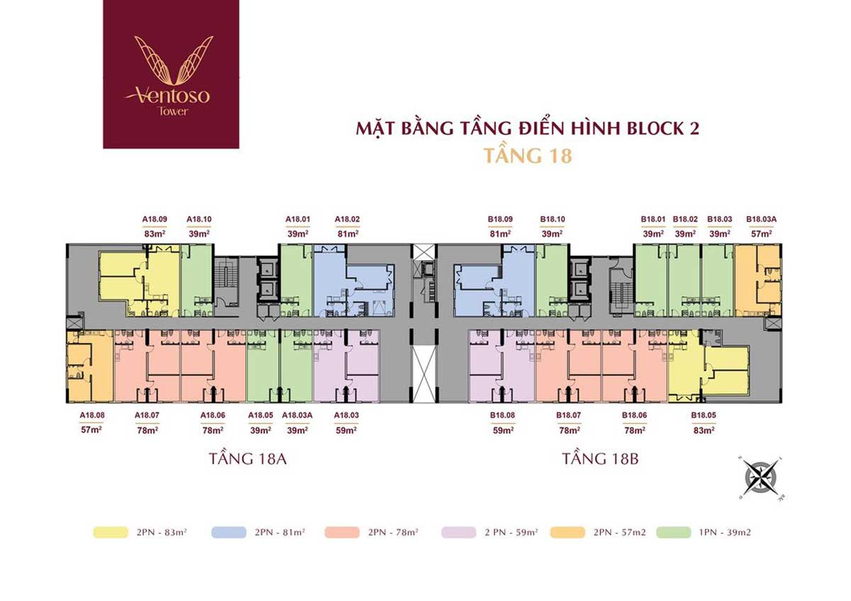 Mặt bằng Tầng 18 Dự án Căn hộ Ventoso Tower Dĩ An Bình Dương