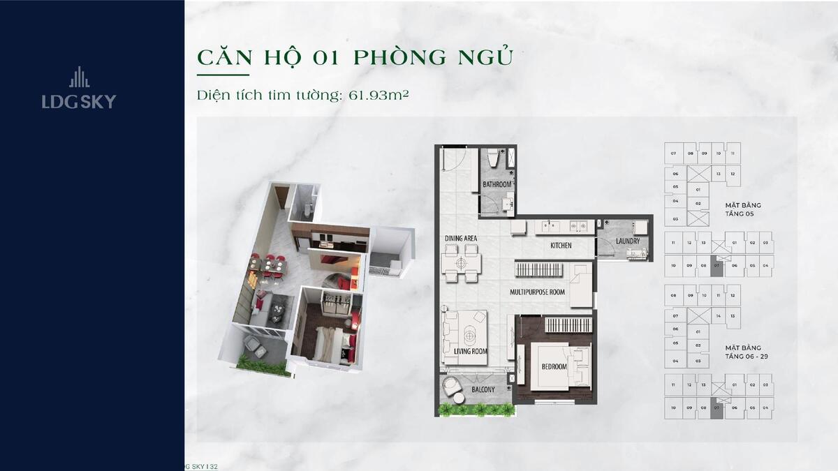 Căn 1 phòng ngủ LDG Sky diện tích 61,93 m2