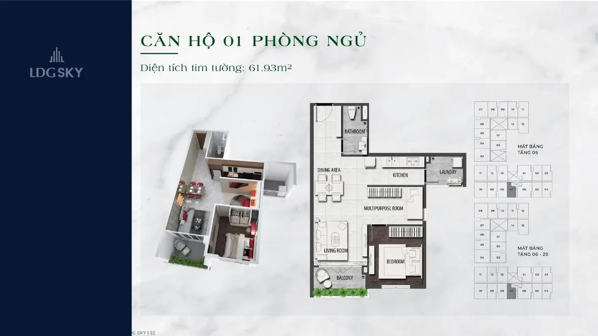 Căn 1 phòng ngủ LDG Sky diện tích 61,93 m2 Căn 1 phòng ngủ LDG Sky diện tích 61,93 m2