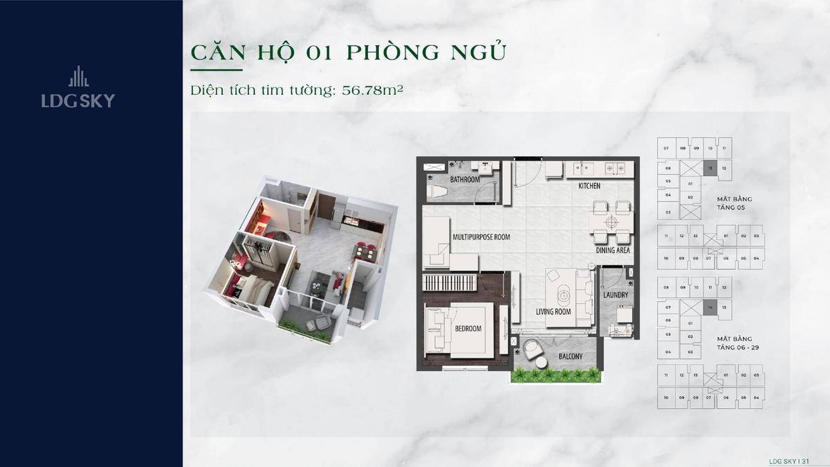 Thiết kế căn 1 phòng ngủ LDG Sky diện tích 56,78m2