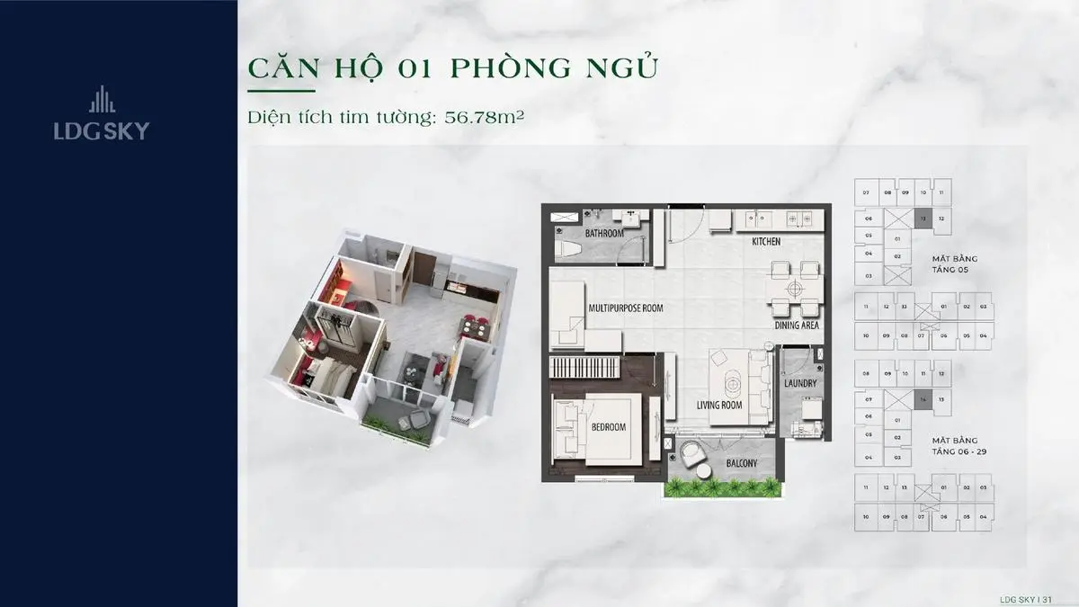Thiết kế căn 1 phòng ngủ LDG Sky diện tích 56,78m2 Thiết kế căn 1 phòng ngủ LDG Sky diện tích 56,78m2