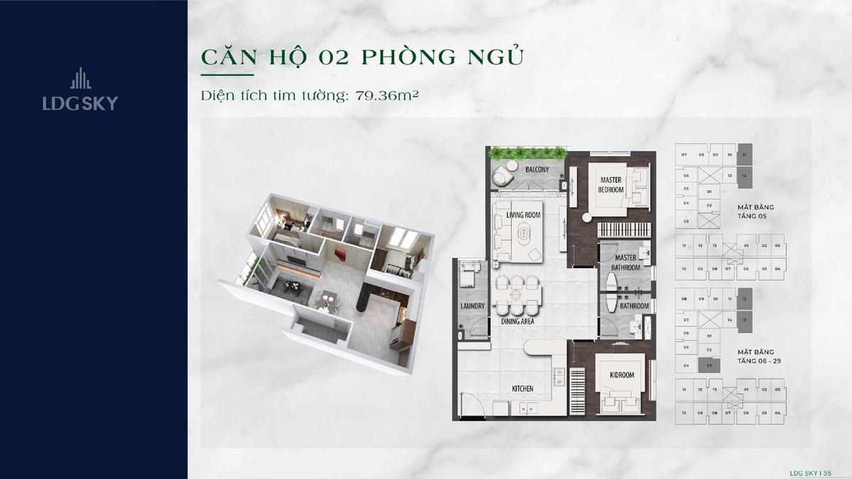 Thiết kế căn 2 phòng ngủ 79,36 ldg sky