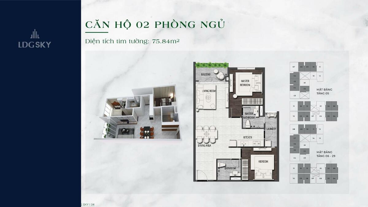 Thiết kế căn 2 phòng ngủ 75,84m2