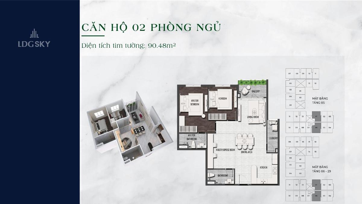 Thiết kế căn 2 phòng ngủ ldg sky bình dương 90,48m2