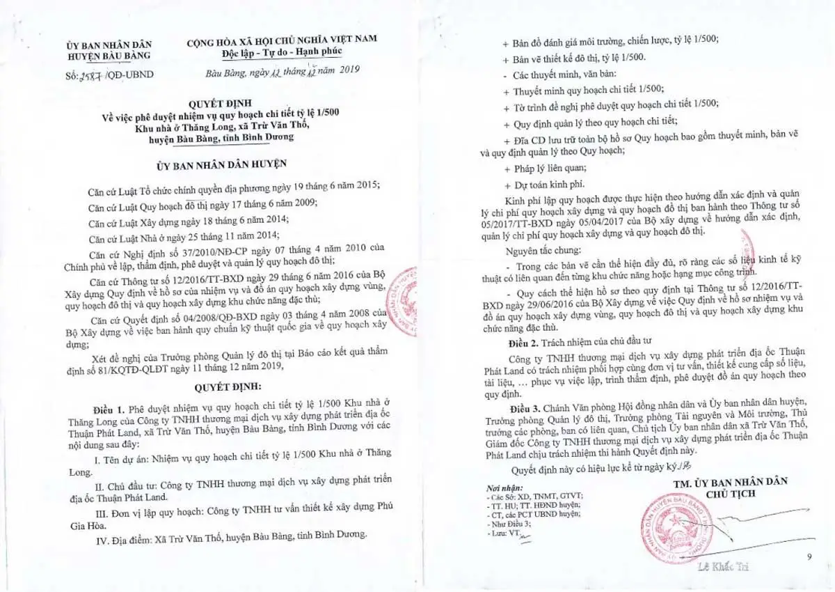 THĂNG LONG RESIDENCE BÌNH DƯƠNG 16 Quyết định phê duyệt nhiệm vụ và đồ án quy hoạch chi tiết tỷ lệ 1/500