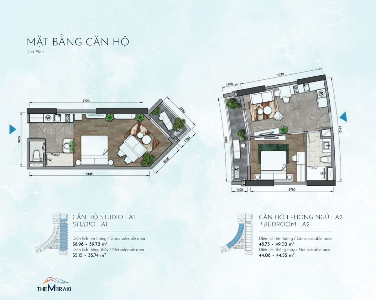 Căn hộ The Meraki Studio A1 và 1 phòng ngủ A2