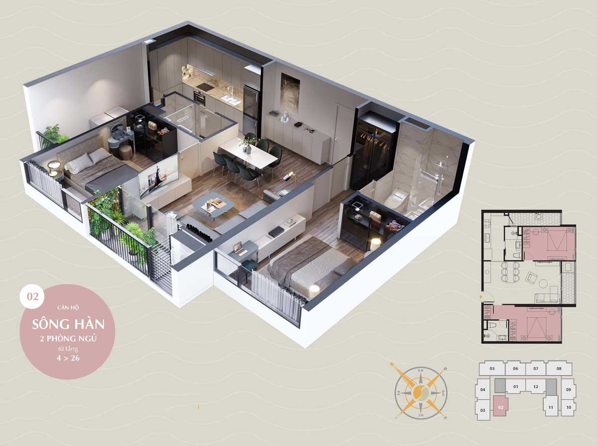 Thiết kế Căn hộ Sông Hàn 2 PN The Sang Residence Đà Nẵng