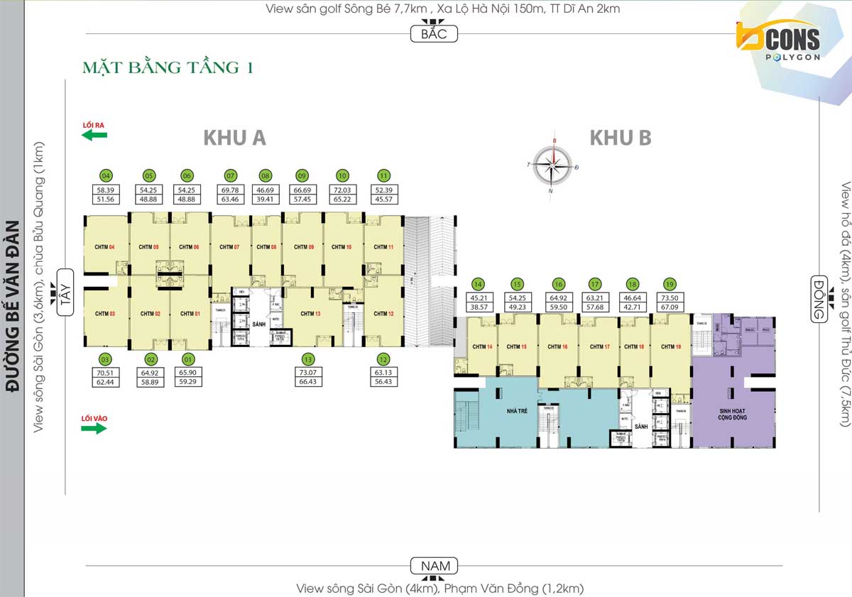 Mặt bằng Tầng 1 Dự án Căn hộ Bcons Polygon Dĩ An Bình Dương