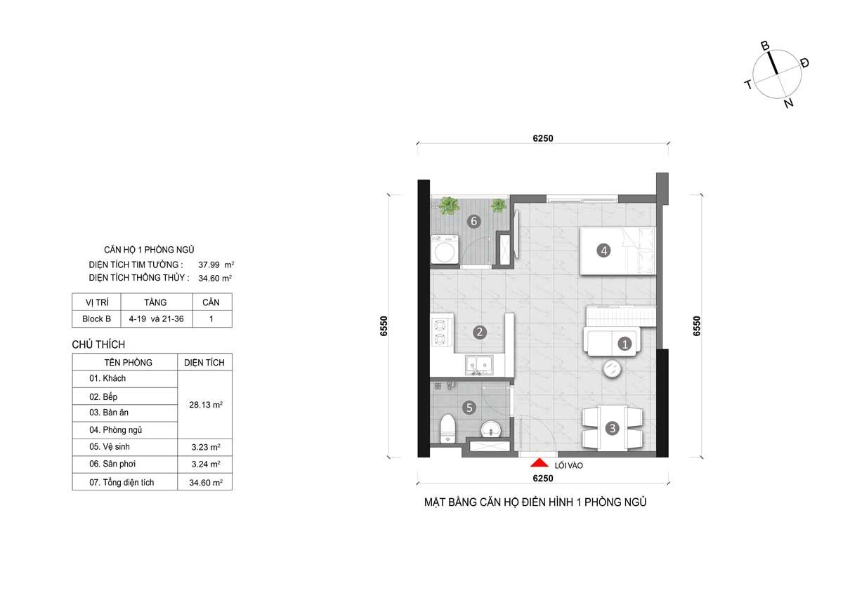 Thiết kế Căn hộ 1 Phòng ngủ Opal CityView Bình Dương