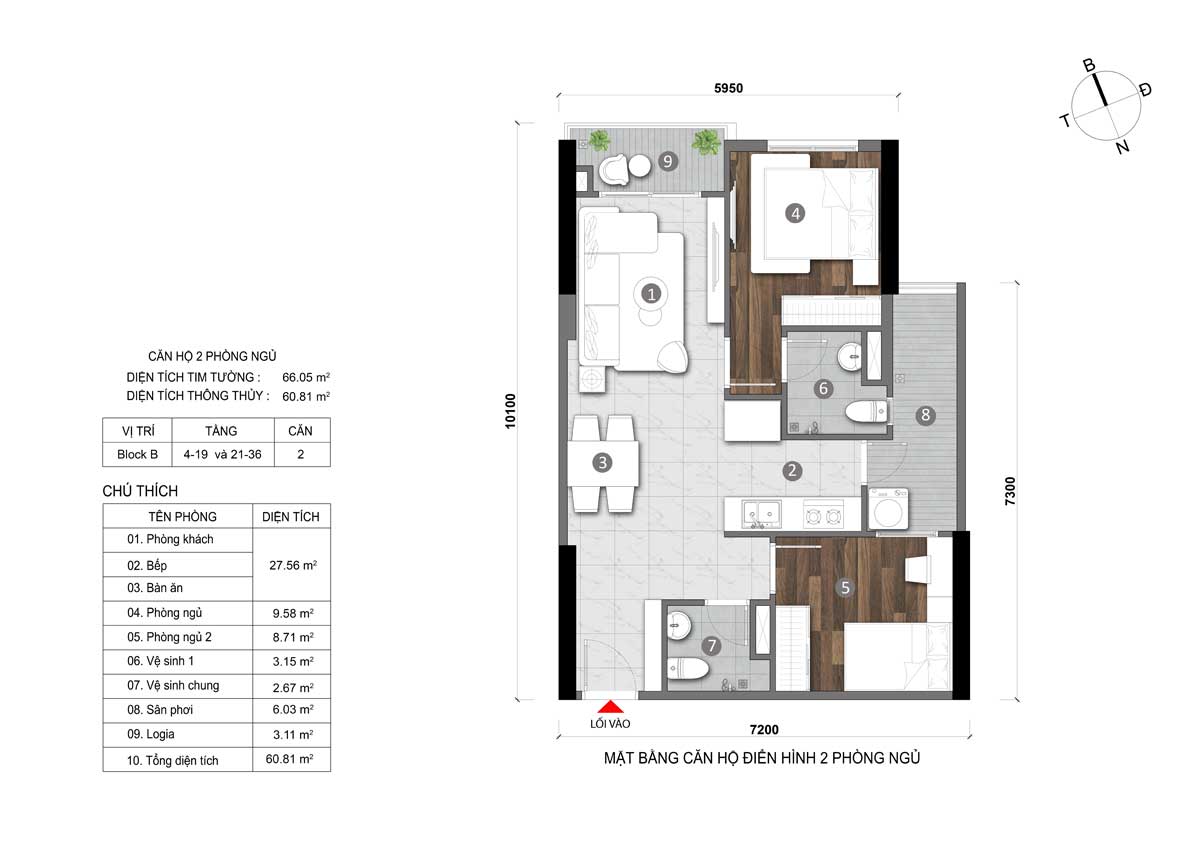 Thiết kế Căn hộ 2 Phòng ngủ Opal CityView Bình Dương