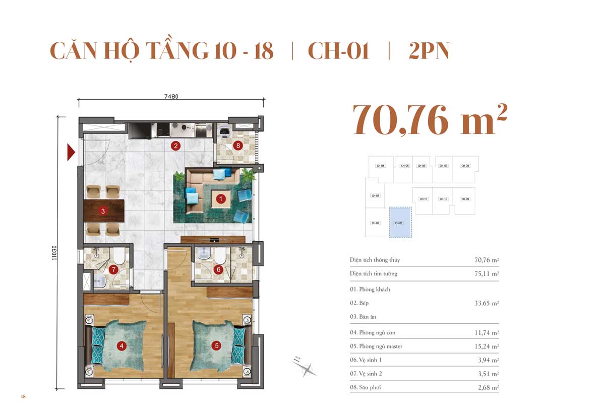 Thiết kế căn hộ 70,76m2 – 2 PN