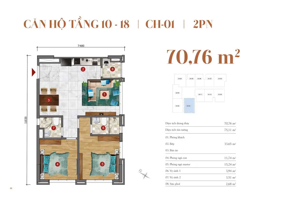 Thiết kế căn hộ 70,76m2 – 2 PN Thiết kế căn hộ 70,76m2 – 2 PN