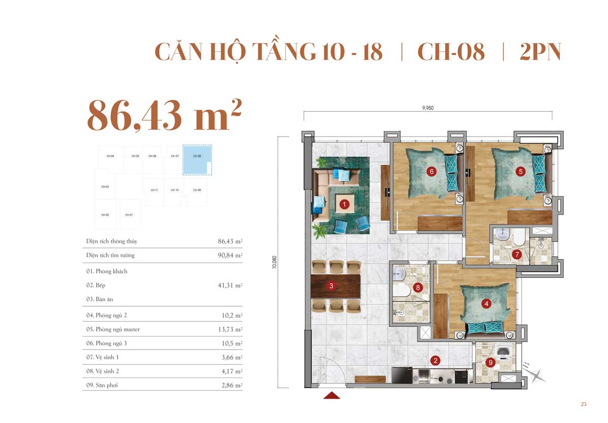 Thiết kế căn hộ 86,43m2 – 2 PN