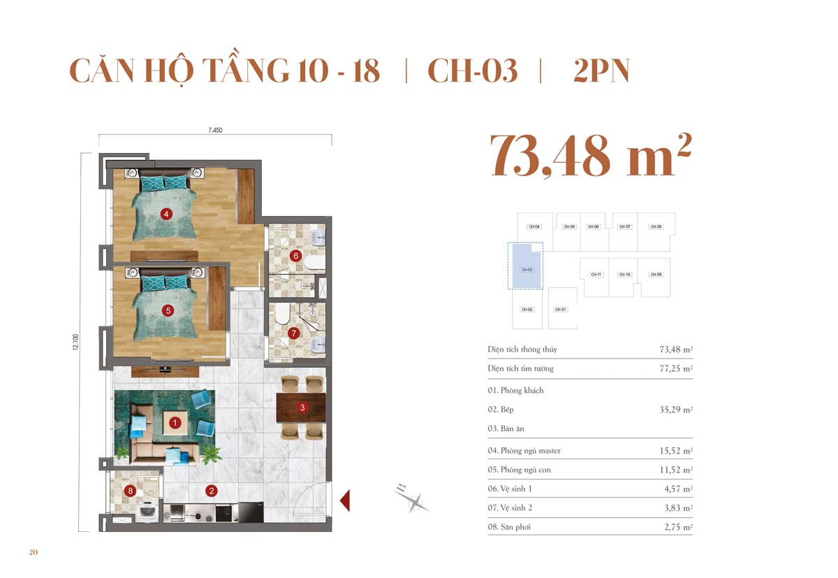 Thiết kế căn hộ 73,48m2 – 2 PN