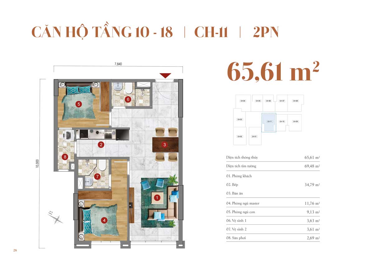 Thiết kế căn hộ 65,61m2 – 2 PN