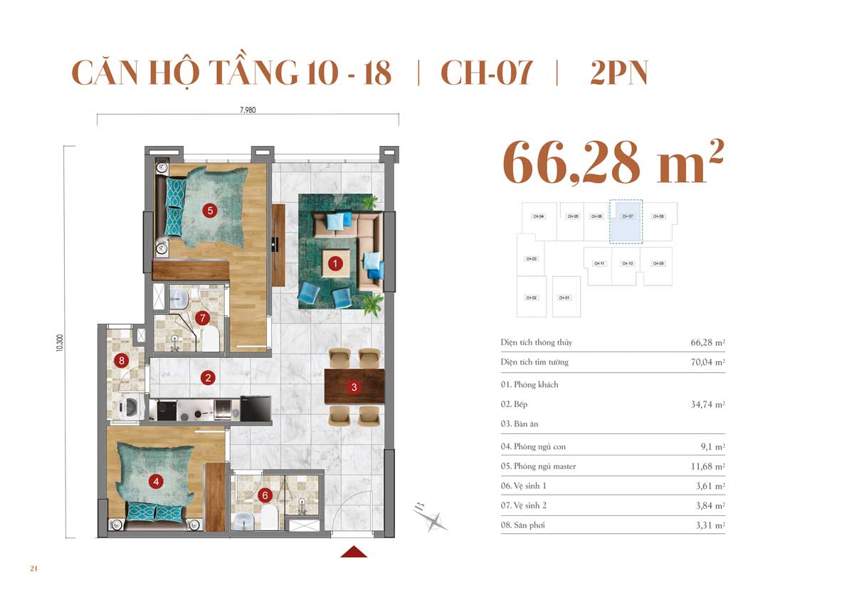 Thiết kế căn hộ 66,28m2 – 2 PN