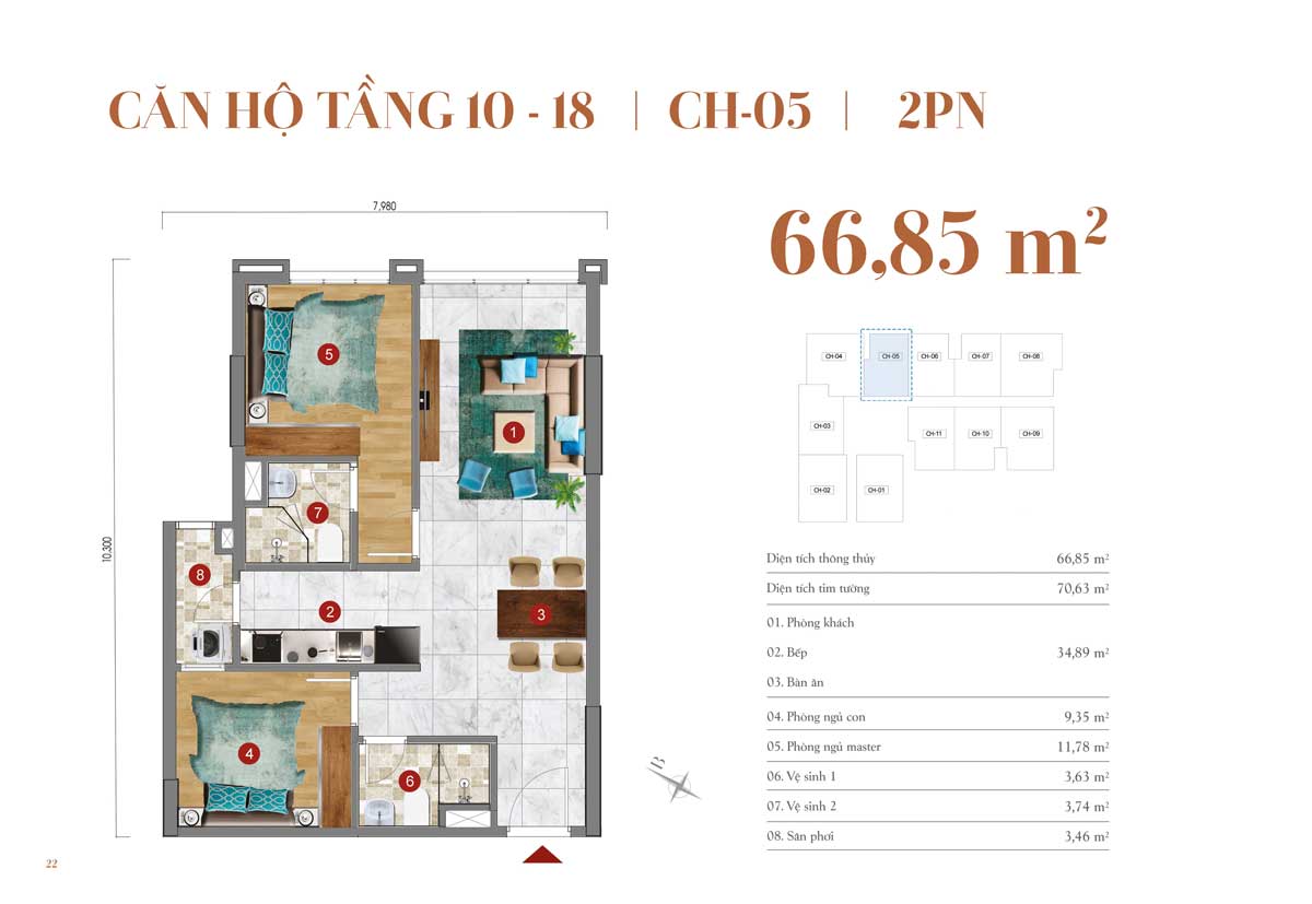 Thiết kế căn hộ 66,85m2 – 2 PN