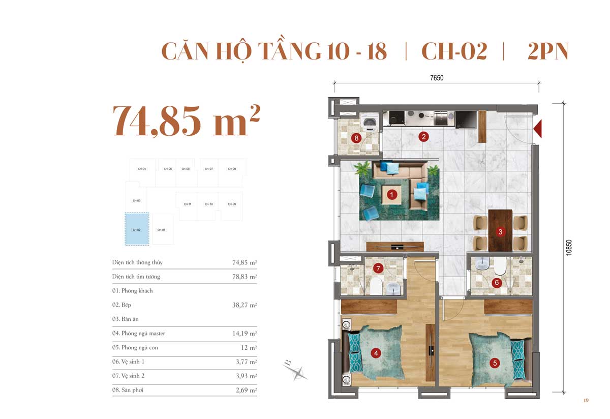 Thiết kế căn hộ 70,85m2 – 2 PN