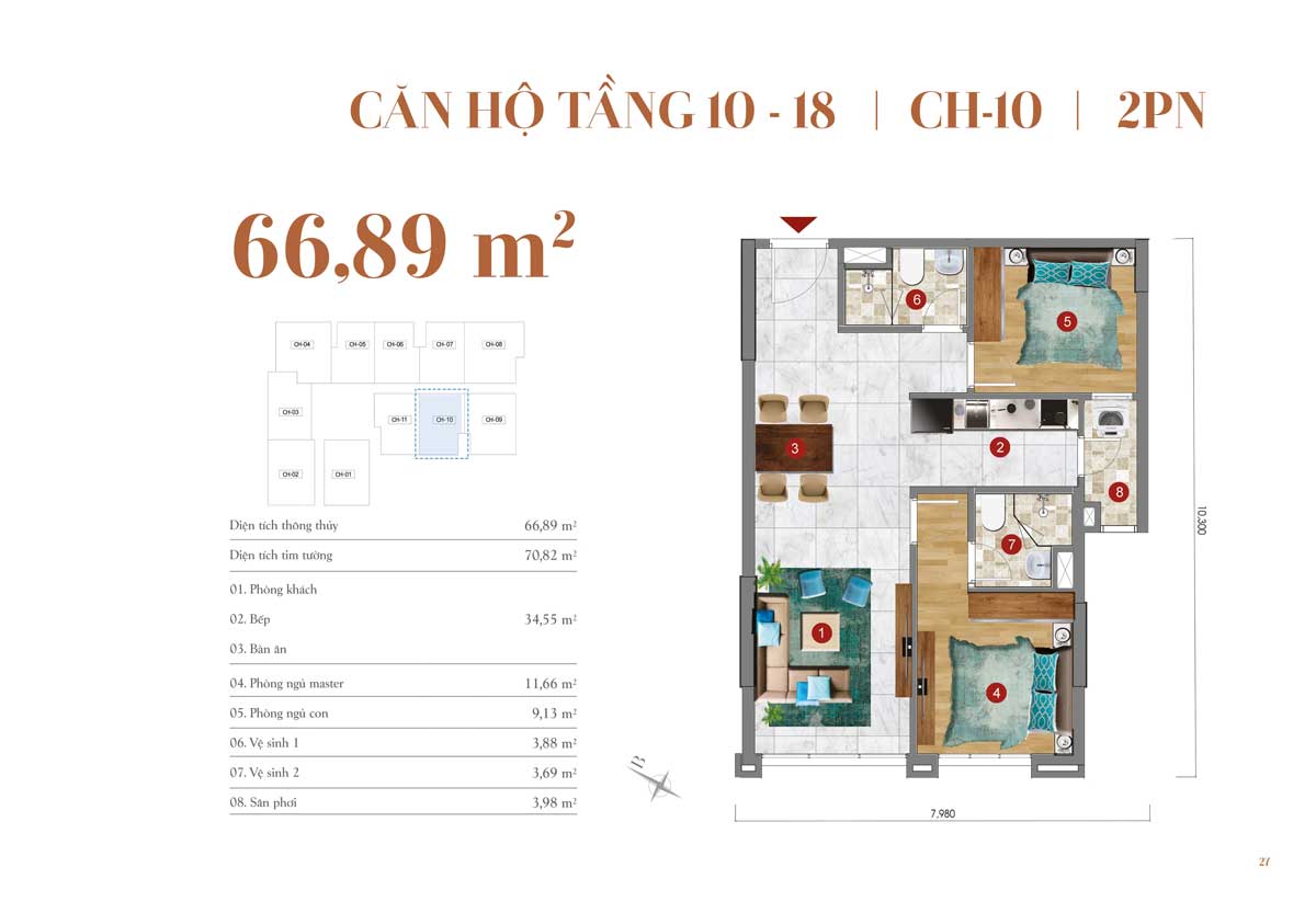 Thiết kế căn hộ 66,89m2 – 2 PN