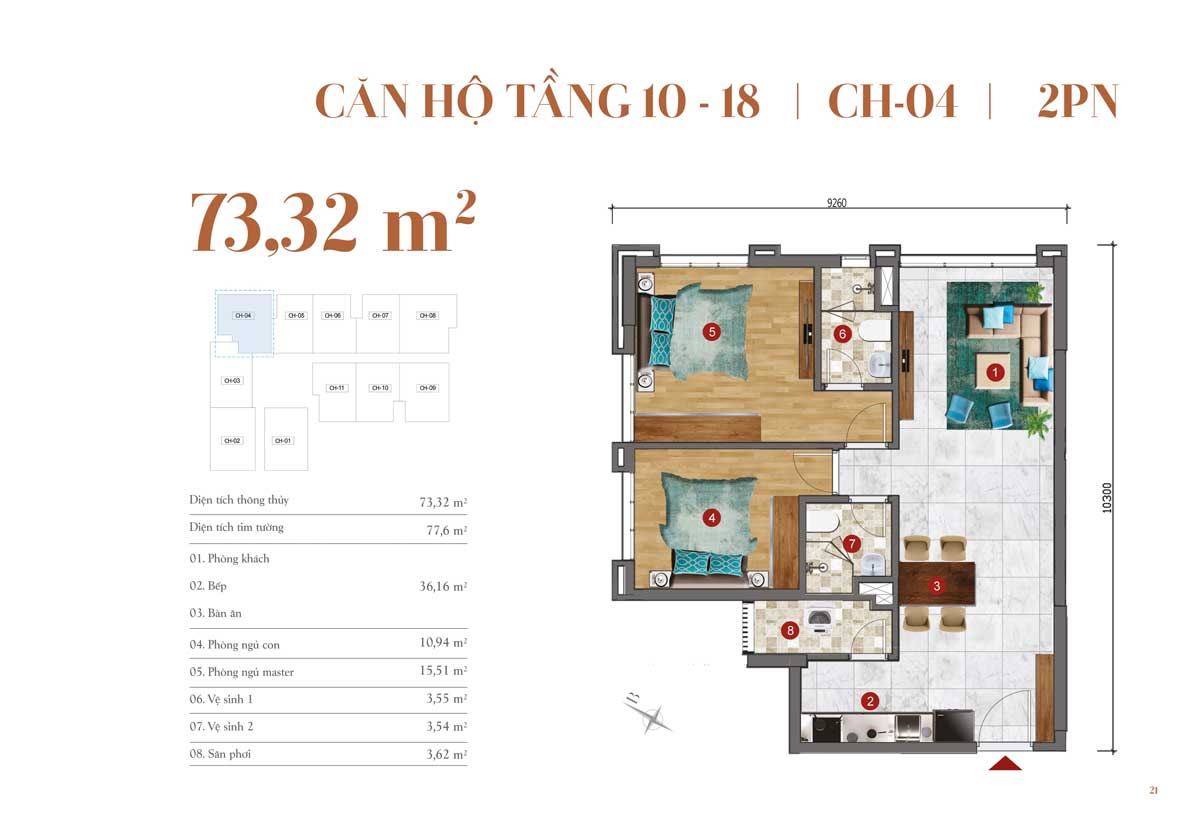 Thiết kế căn hộ 73,32m2 – 2 PN