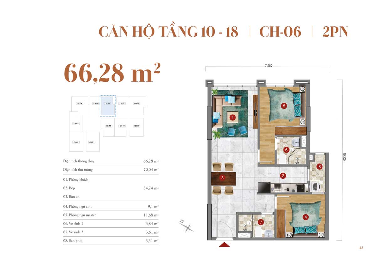 Thiết kế căn hộ 66,28m2 – 2 PN