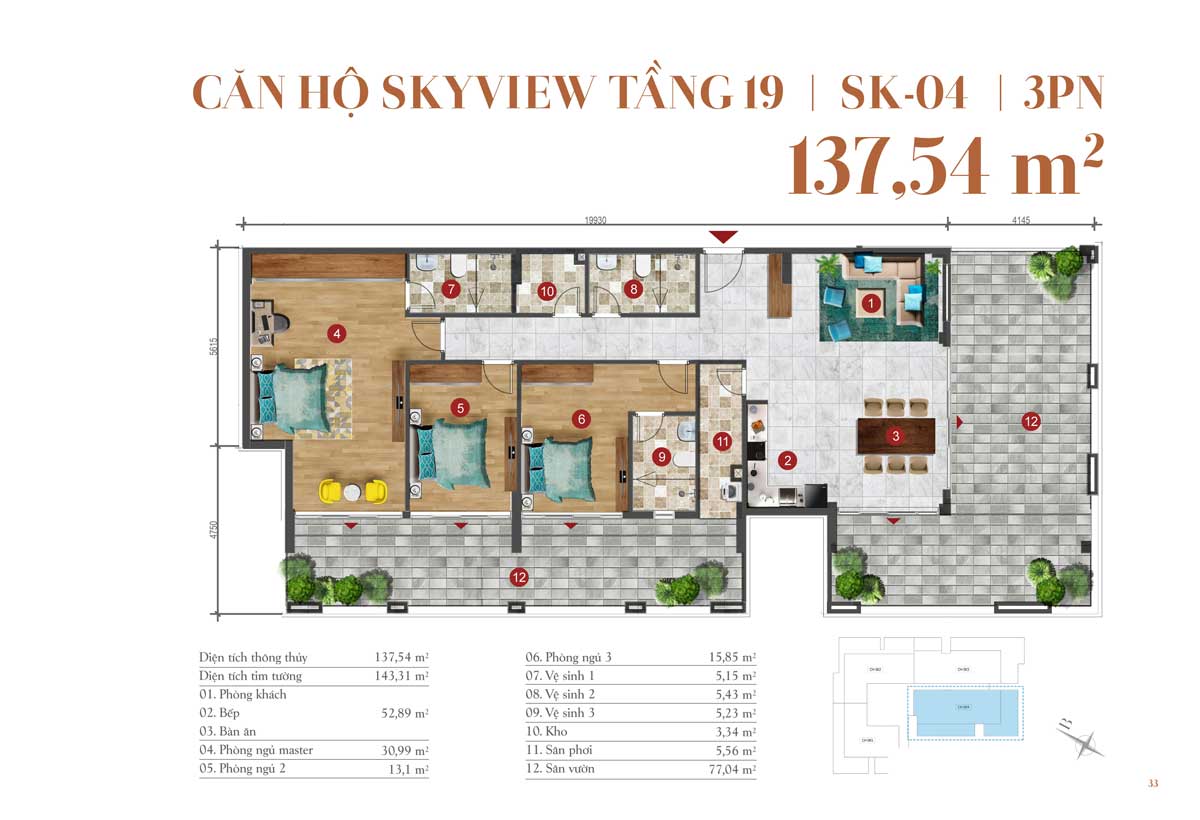 Thiết kế căn hộ 137,54m2 – 3 PN