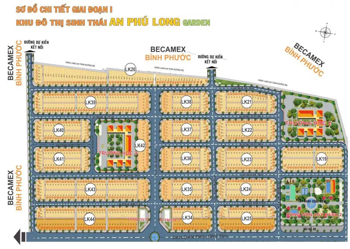 AN PHÚ LONG GARDEN 14 Mặt bằng Phân lô Giai đoạn 1 Dự án Khu đô thị An Phú Long Garden Phú Giáo Bình Dương